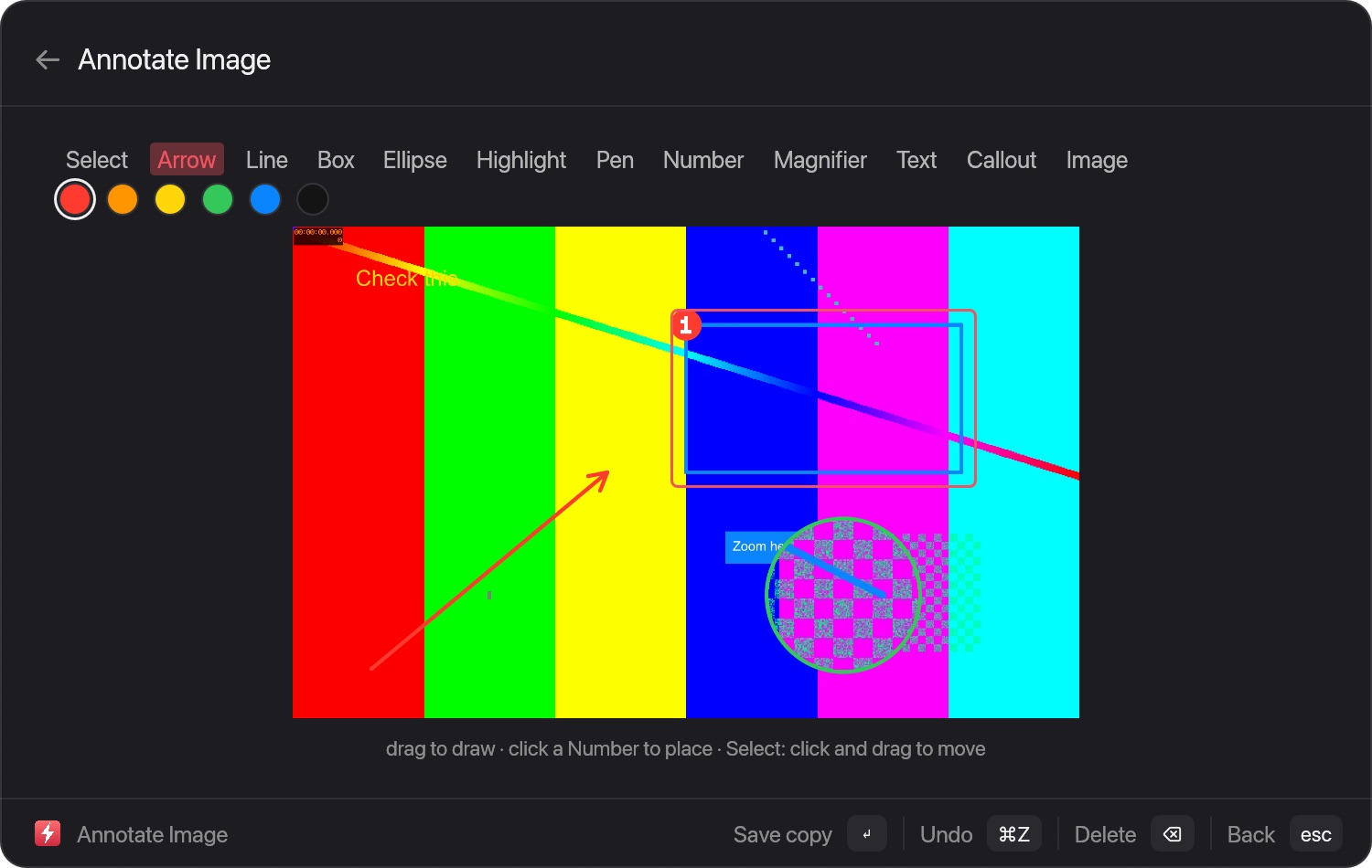 The Annotate Image window with a picture marked with an arrow, a box, a number, a callout, a text label and a magnifier, and a row of tools