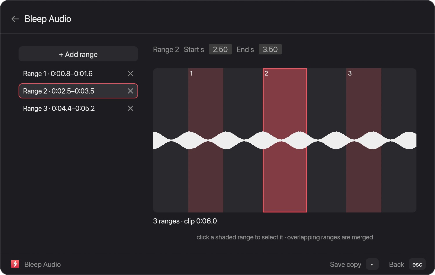 The Bleep Audio window with a waveform, three shaded ranges numbered 1 to 3 with range 2 selected, a range list and start and end fields