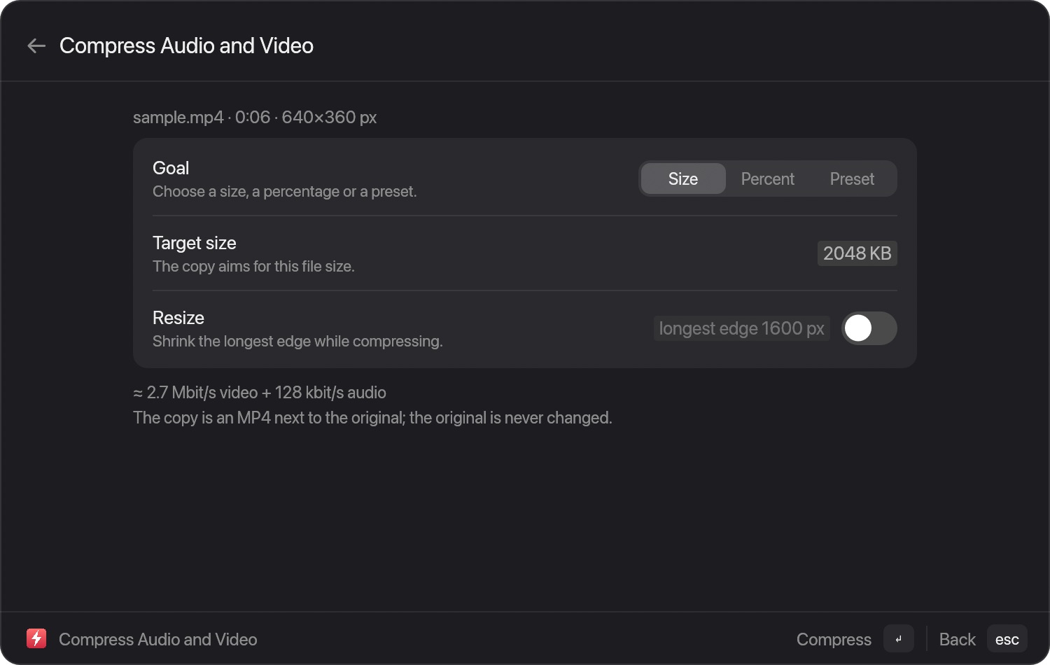 The Compress Audio and Video window for an MP4 with a target size and the bitrates it would use