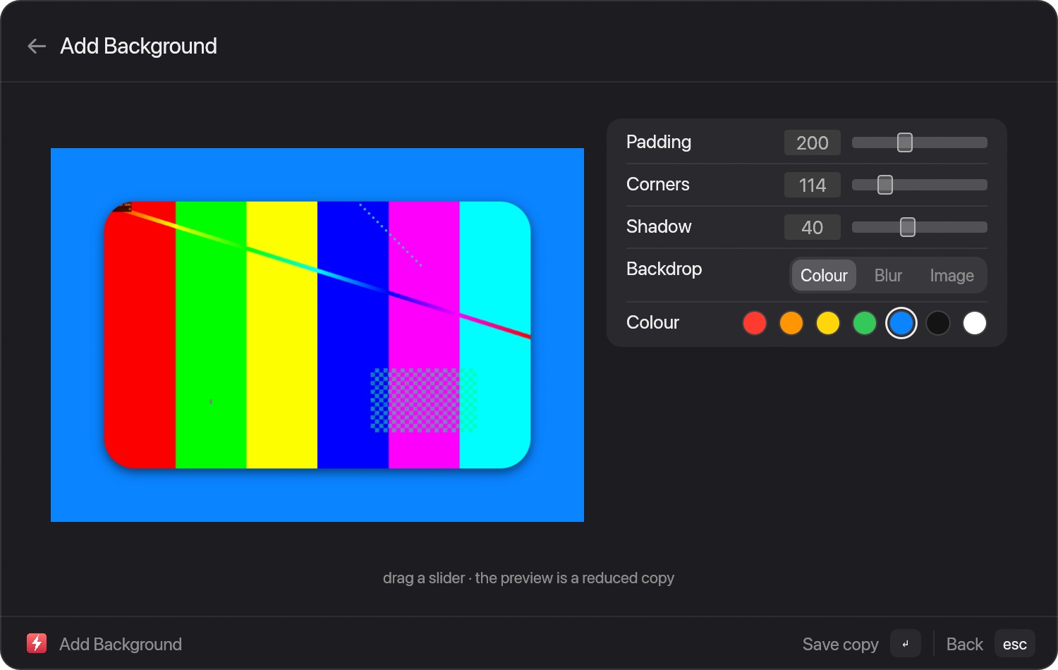 The Add Background window with a picture on a blue backdrop and sliders for padding, corners and shadow