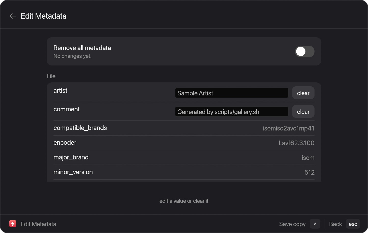 The Edit Metadata window listing artist, comment and title tags of a video with clear buttons and a Remove all metadata option