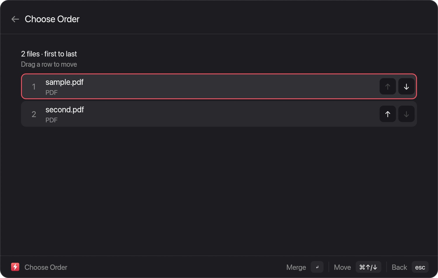 The Choose Order window listing two PDF files with move up and move down buttons