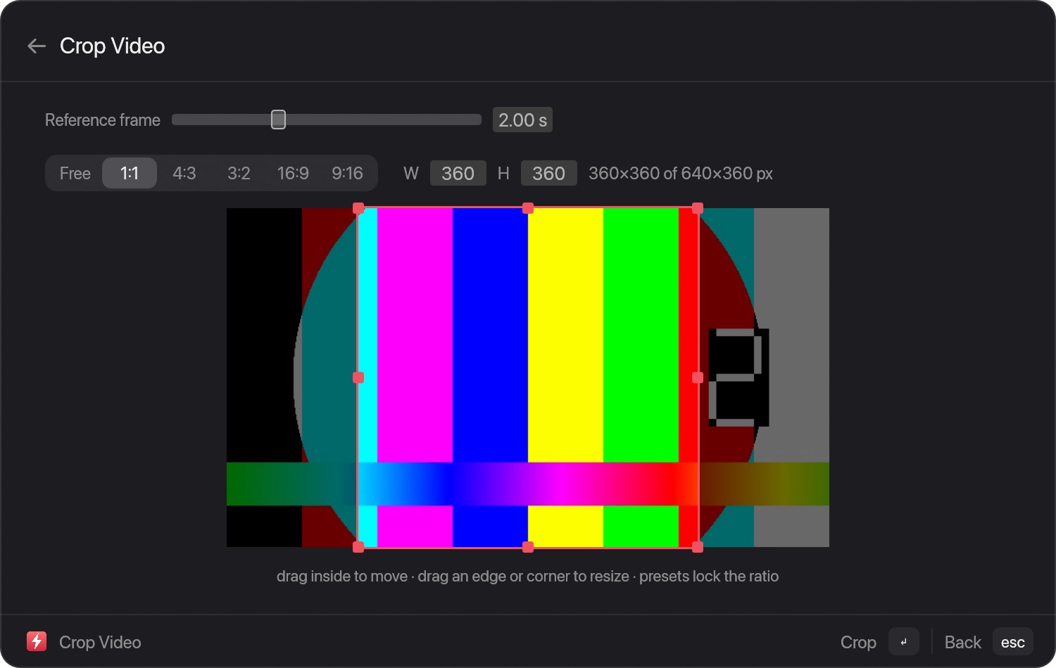 The Crop Video window with a square crop box over a test-pattern frame and ratio presets