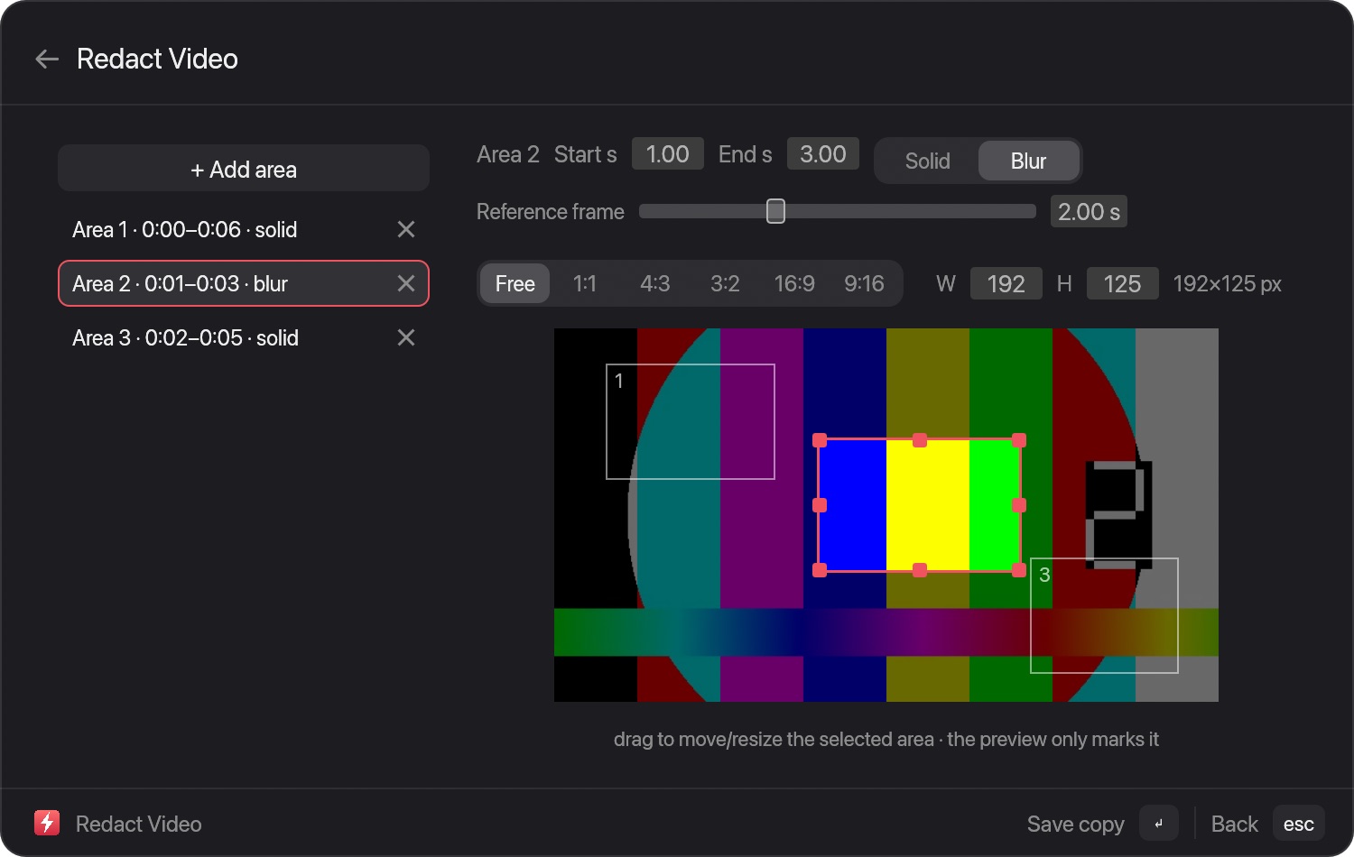 The Redact Video window with three numbered cover areas over a test-pattern frame, a list of areas with time ranges, Solid and Blur modes and a reference frame slider