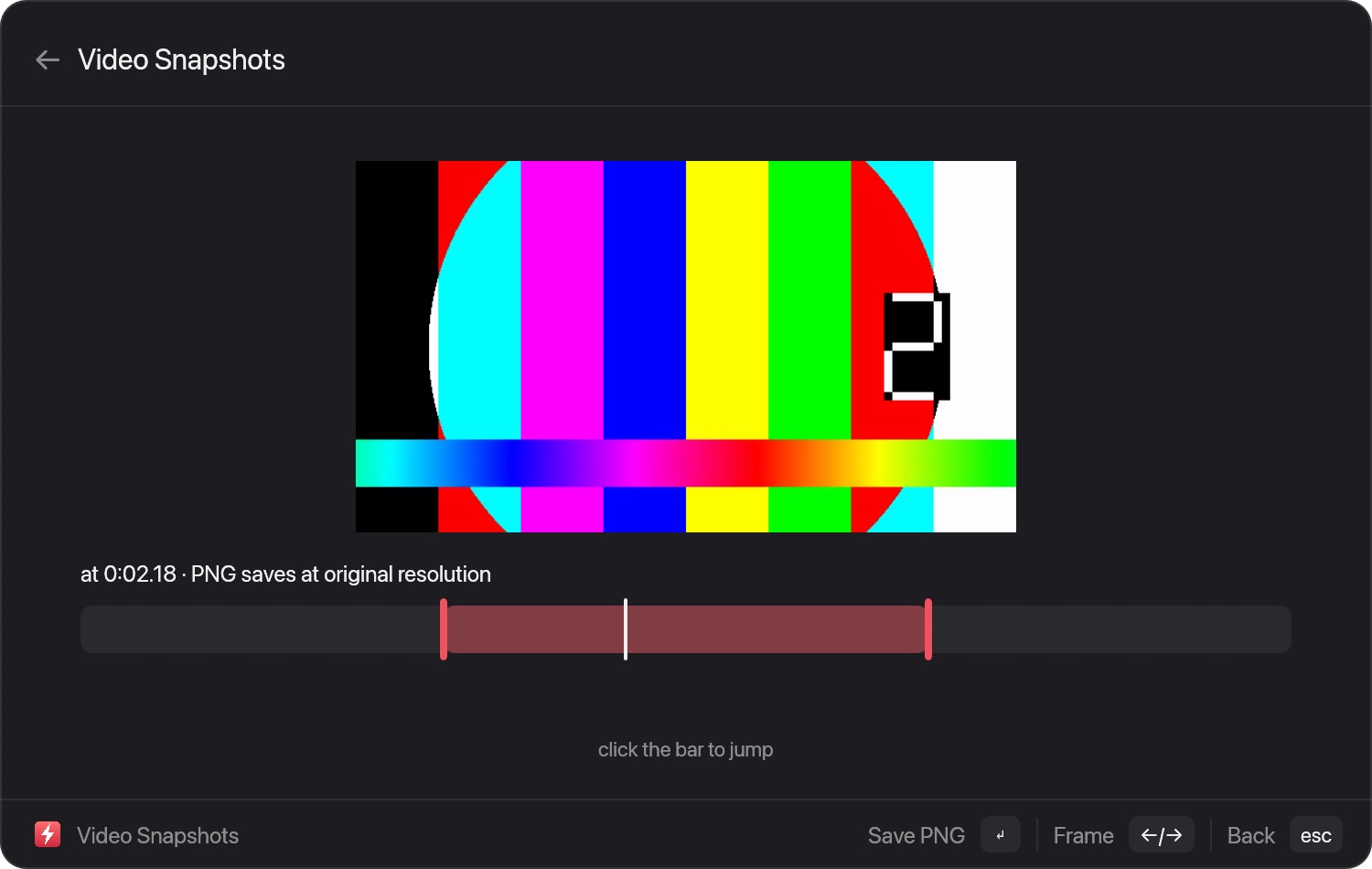 The Video Snapshots window showing a test-pattern frame and a timeline