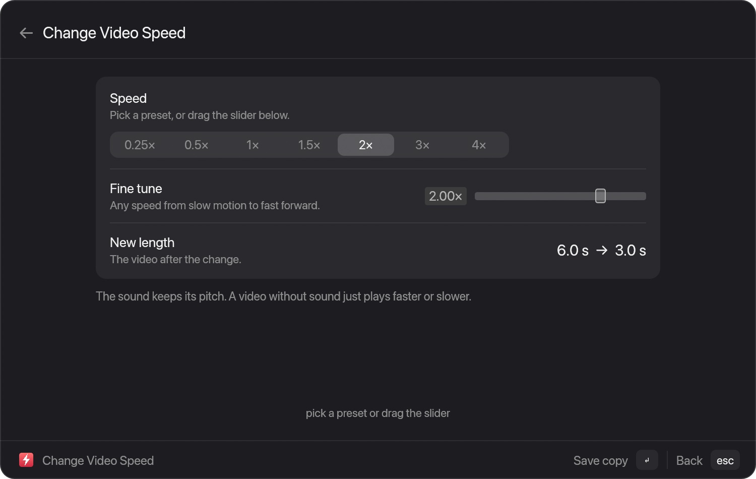 The Change Video Speed window with speed presets from 0.25x to 4x and a 6 second to 3 second duration readout