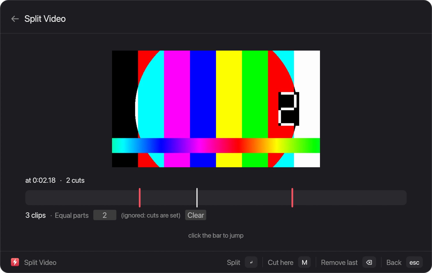 The Split Video window with two cut marks on a timeline giving three clips