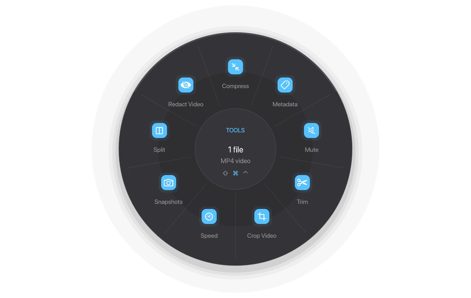 The tools wheel in the dark theme for an MP4 video with nine labelled segments: Compress, Metadata, Mute, Trim, Crop Video, Speed, Snapshots, Split and Redact Video