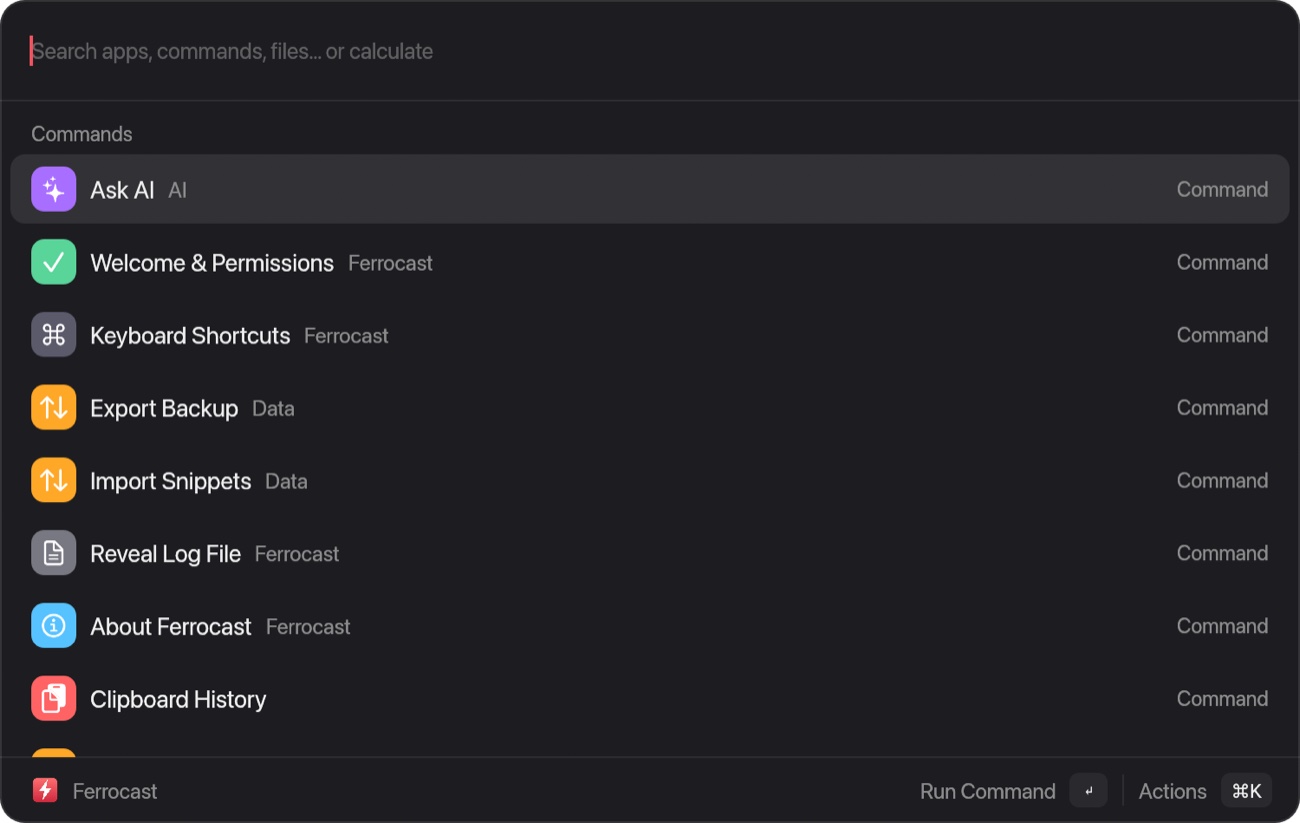 Ferrocast just opened, showing the command list